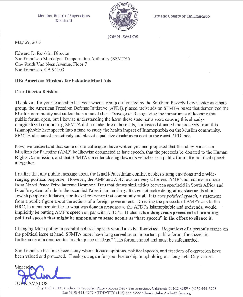 John Avalos letter